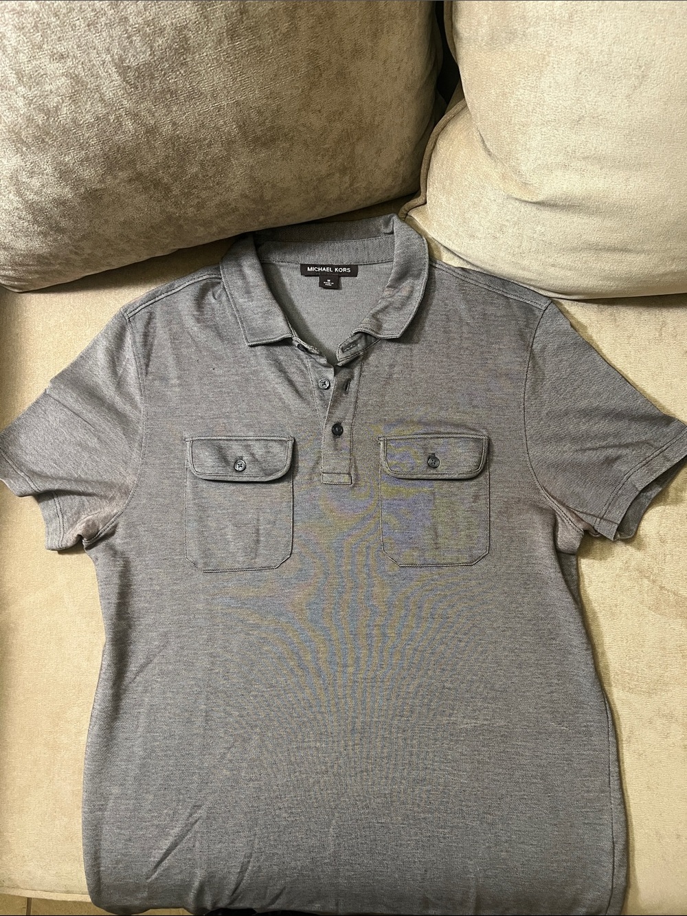 Michael Kors Men's Black/Gray Short Sleeve Polo with Chest Pockets Medium
